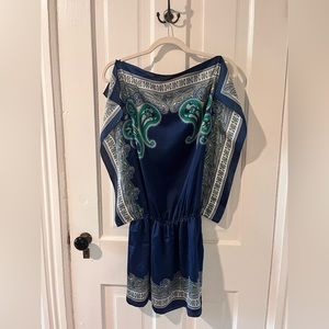 Blue, boho print, cocktail mini dress.
